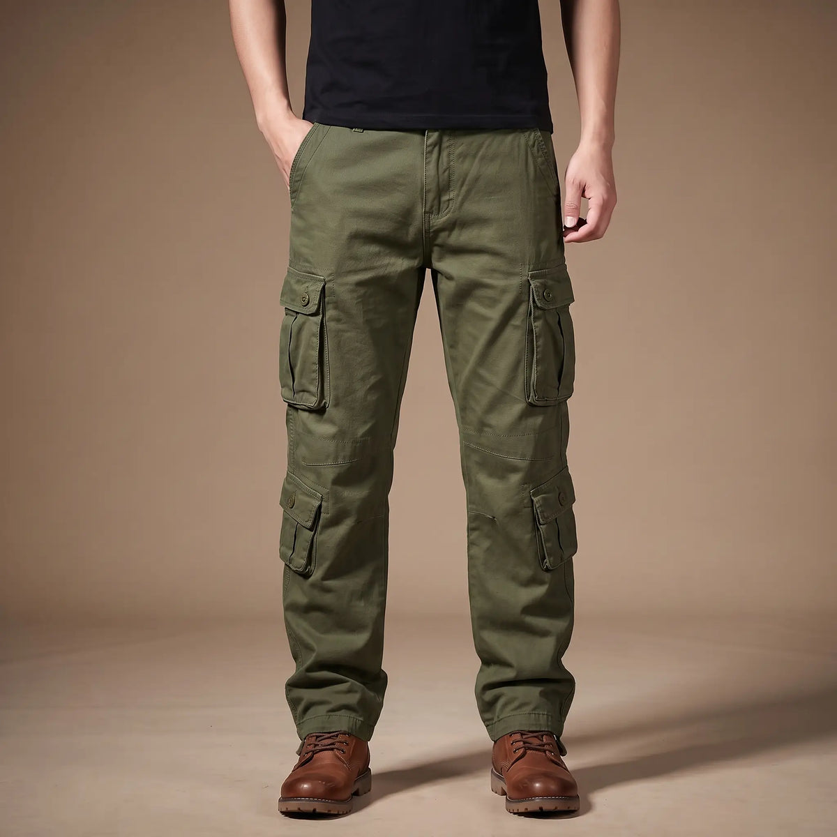 FLAP POCKET TROUSERS in green, men's cotton cargo trousers with button flap pockets