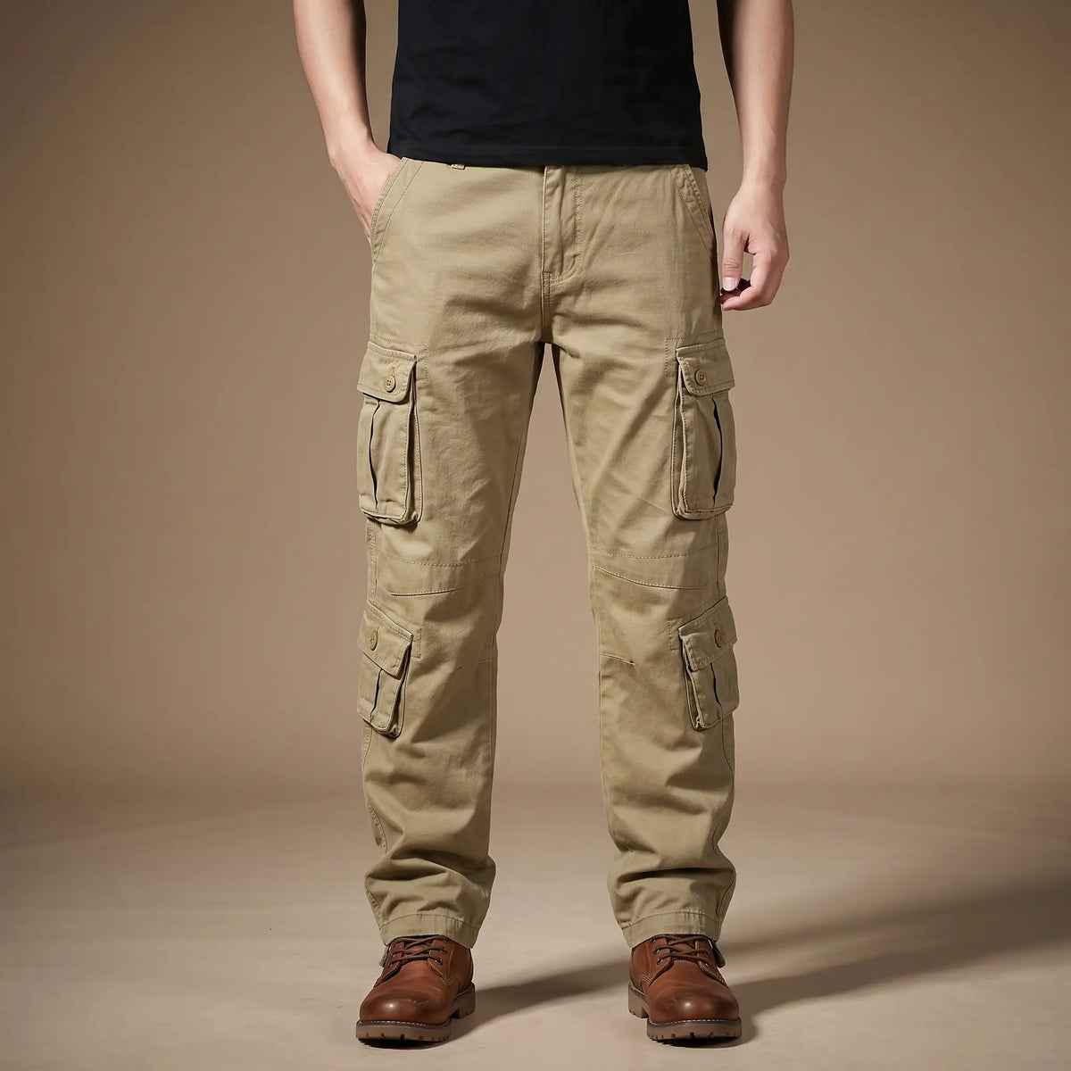 FLAP POCKET TROUSERS in khaki, men's cotton cargo trousers with button flap pockets