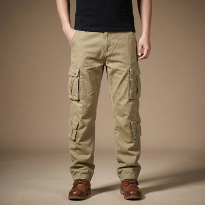 FLAP POCKET TROUSERS in khaki, men's cotton cargo trousers with button flap pockets