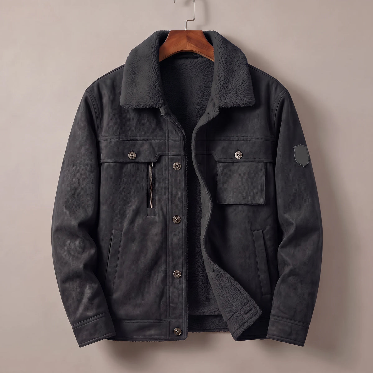 Black fleece lined trucker jacket on a wooden hanger