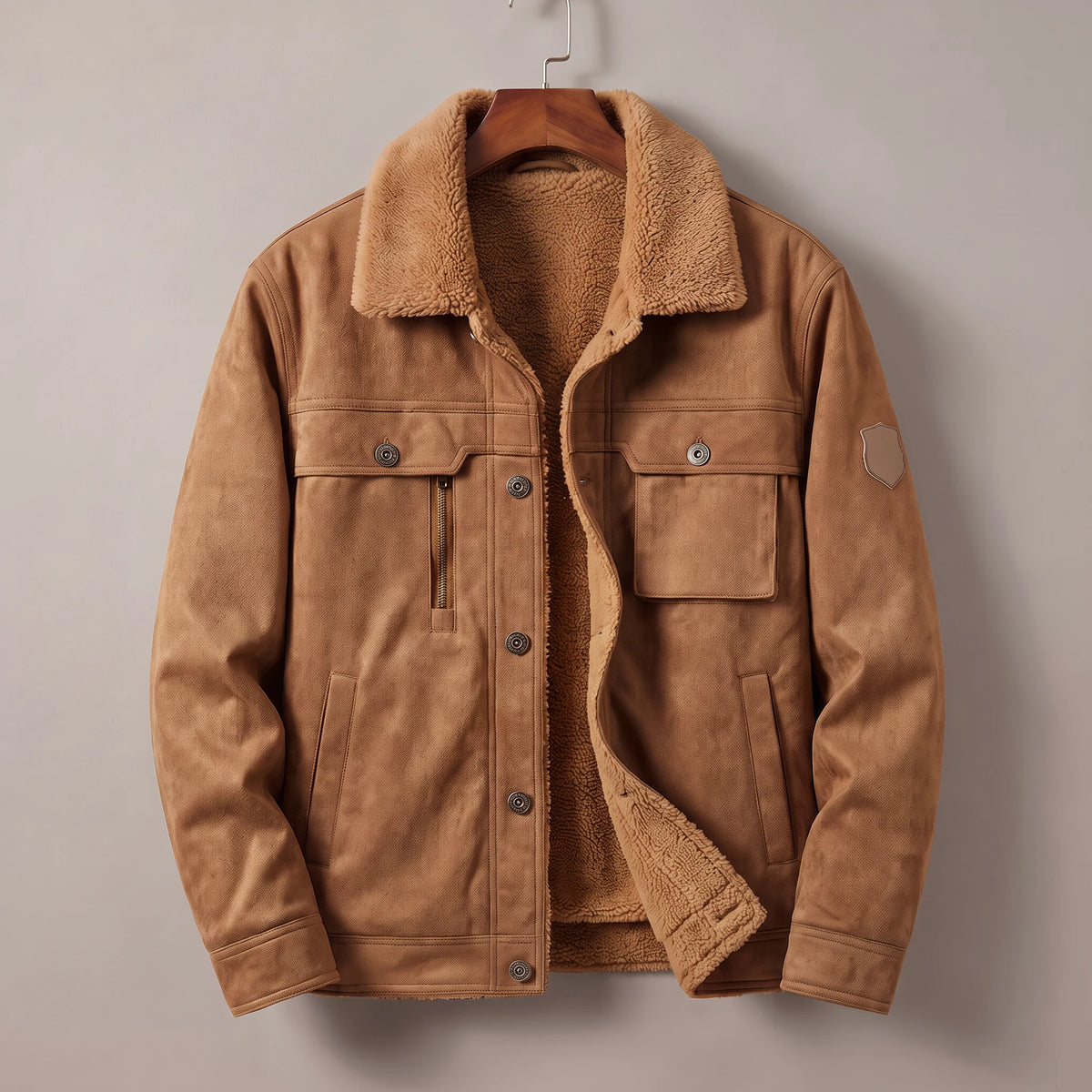 Brown fleece lined trucker jacket on a wooden hanger