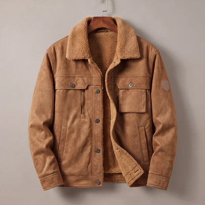 Brown fleece lined trucker jacket on a wooden hanger