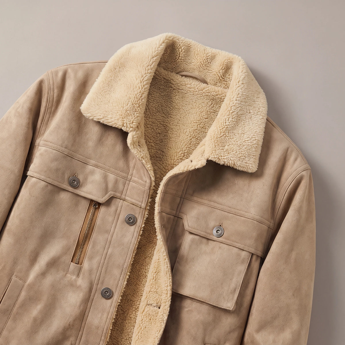 Close up of the fleece collar and snap front on the trucker jacket