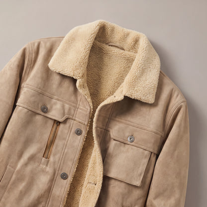 Close up of the fleece collar and snap front on the trucker jacket