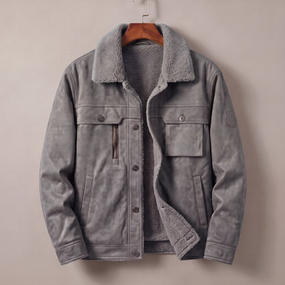Gray fleece lined trucker jacket on a wooden hanger
