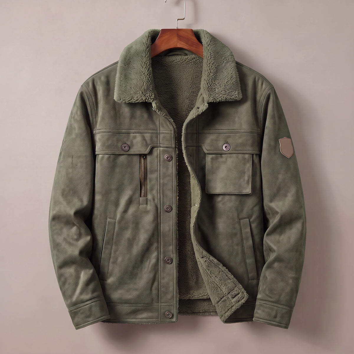 Green fleece lined trucker jacket on a wooden hanger