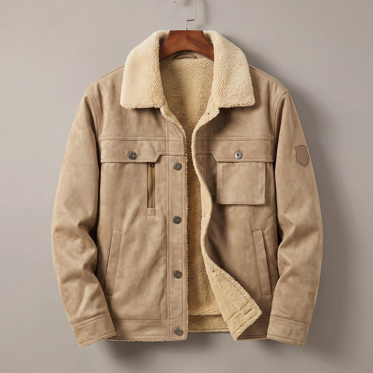Khaki fleece lined trucker jacket on a wooden hanger