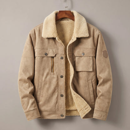 Khaki fleece lined trucker jacket on a wooden hanger
