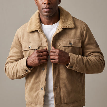 Man fastening the front of the fleece lined trucker jacket