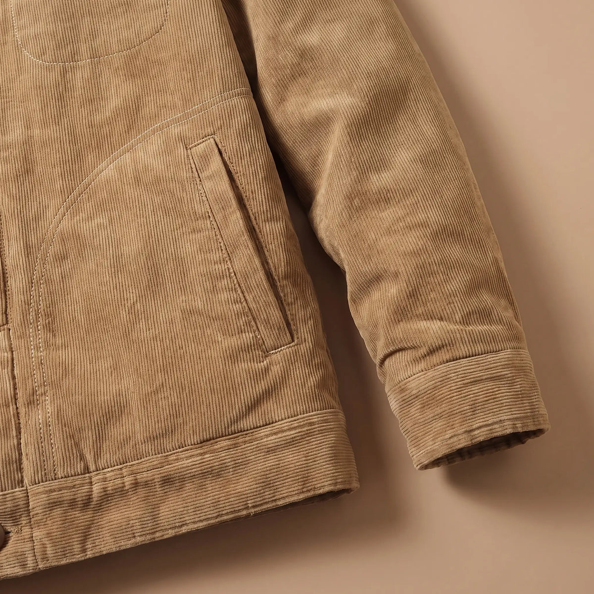 Fleece Collar Trucker hand pocket, hem and cuff close-up