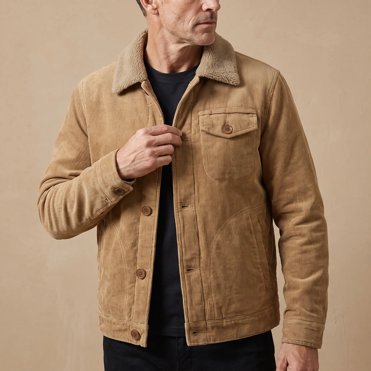 Fleece Collar Trucker in Khaki worn, fastening the front