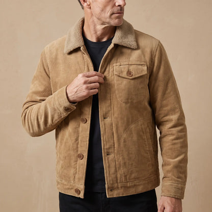 Fleece Collar Trucker in Khaki worn, fastening the front