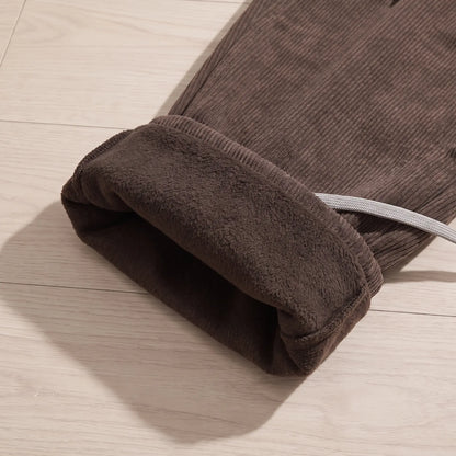Close-up of the fleece lining inside the brown corduroy cargo trousers