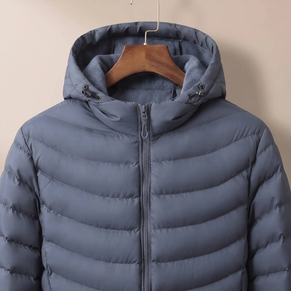 Fleece Hood Puffer in Blue, fleece-lined hood and channel quilting close-up