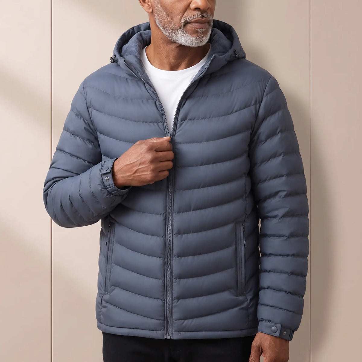 Fleece Hood Puffer in Blue worn zipped over a white tee