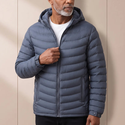 Fleece Hood Puffer in Blue worn zipped over a white tee