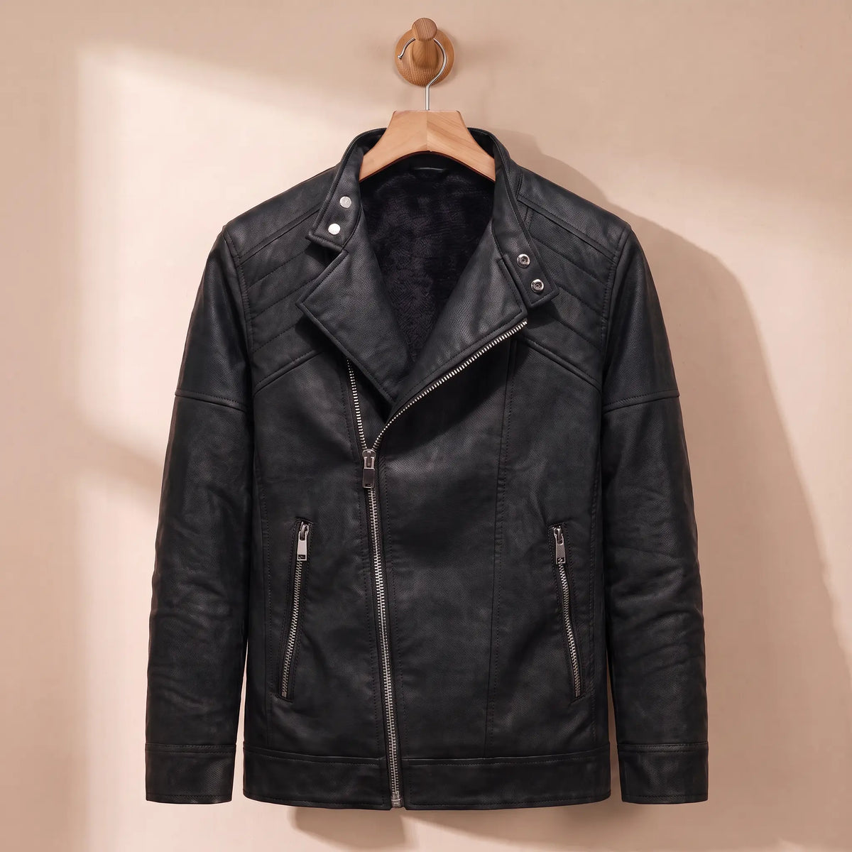 Fleece lined moto jacket in black