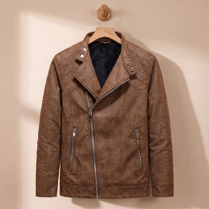 Fleece lined moto jacket in brown