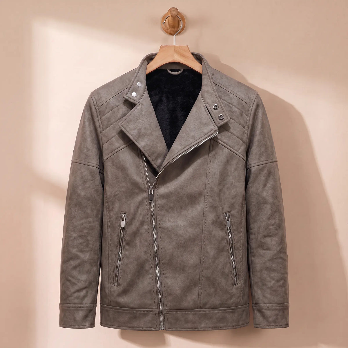 Fleece lined moto jacket in khaki