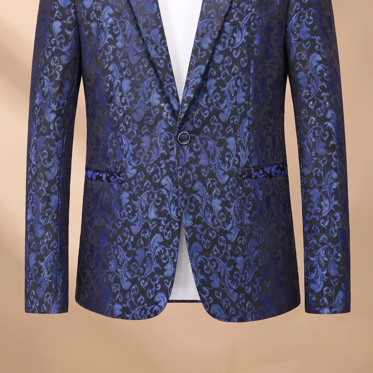 Floral Pattern Blazer in Blue, button and flap pocket detail
