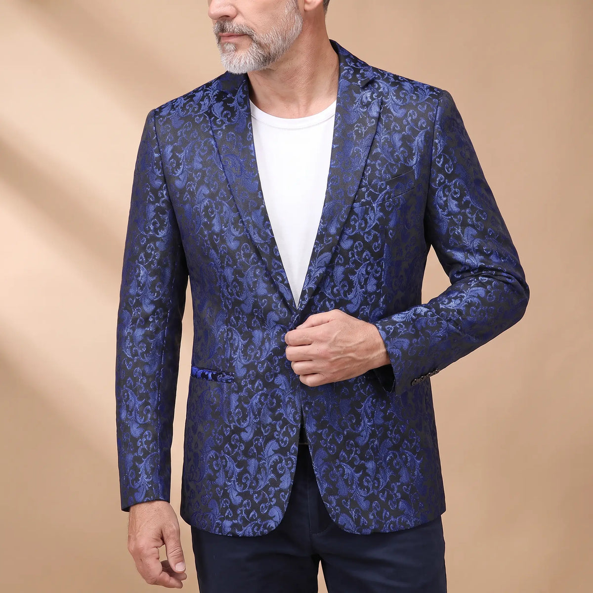 Floral Pattern Blazer in Blue, worn open over a white tee
