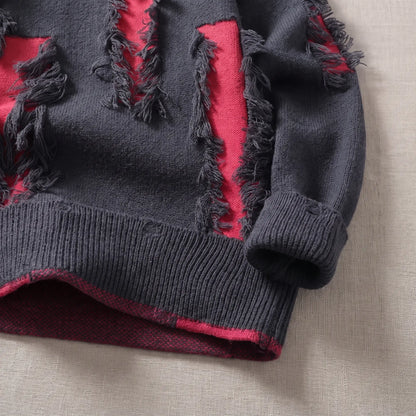 FRAYED PATCH SWEATER hem and cuff detail