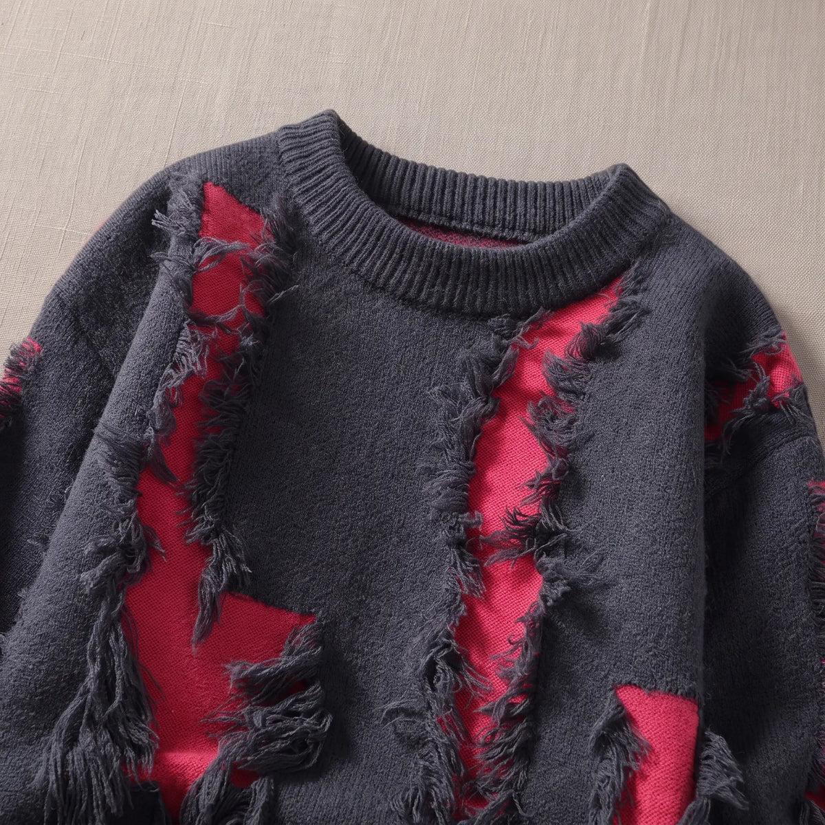 FRAYED PATCH SWEATER neck and patch detail