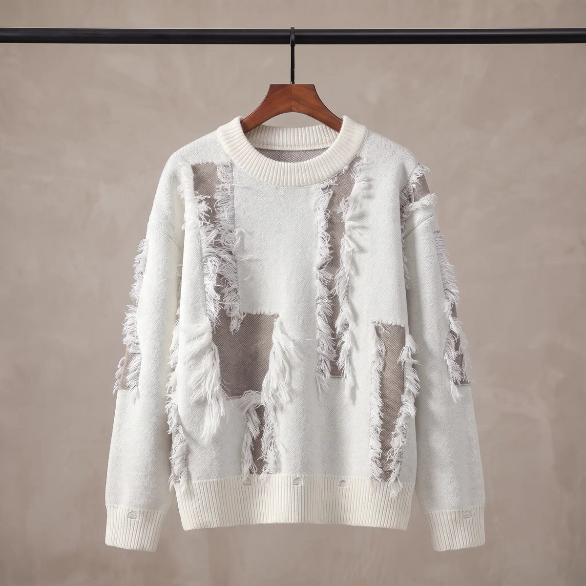 FRAYED PATCH SWEATER White
