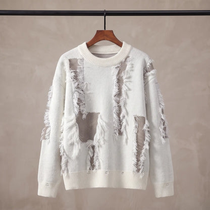 FRAYED PATCH SWEATER White