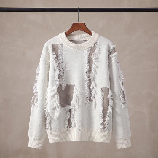 FRAYED PATCH SWEATER White