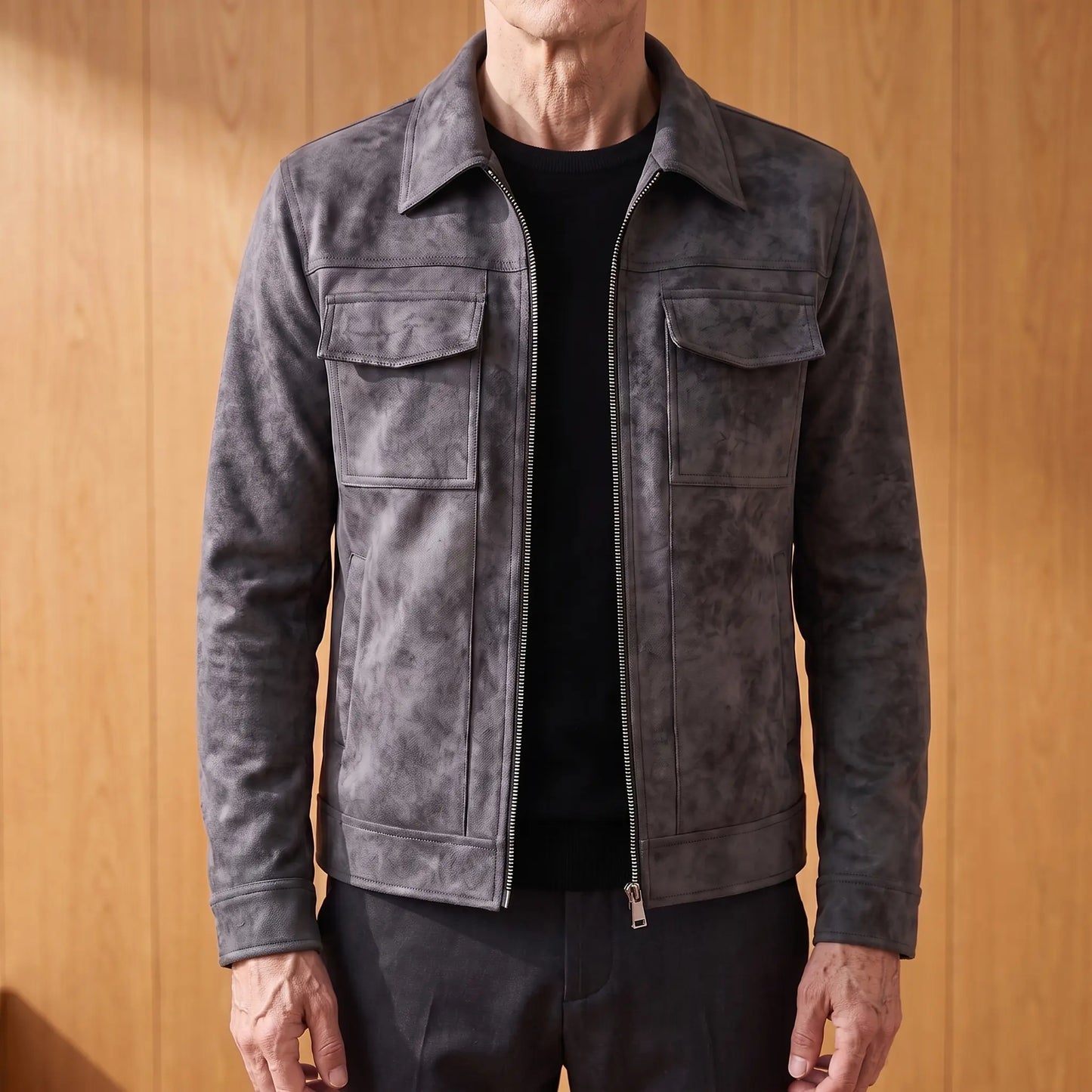 Frosted suede jacket in black worn open over a black tee by an older man