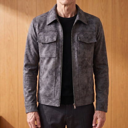 Frosted suede jacket in black worn open over a black tee by an older man