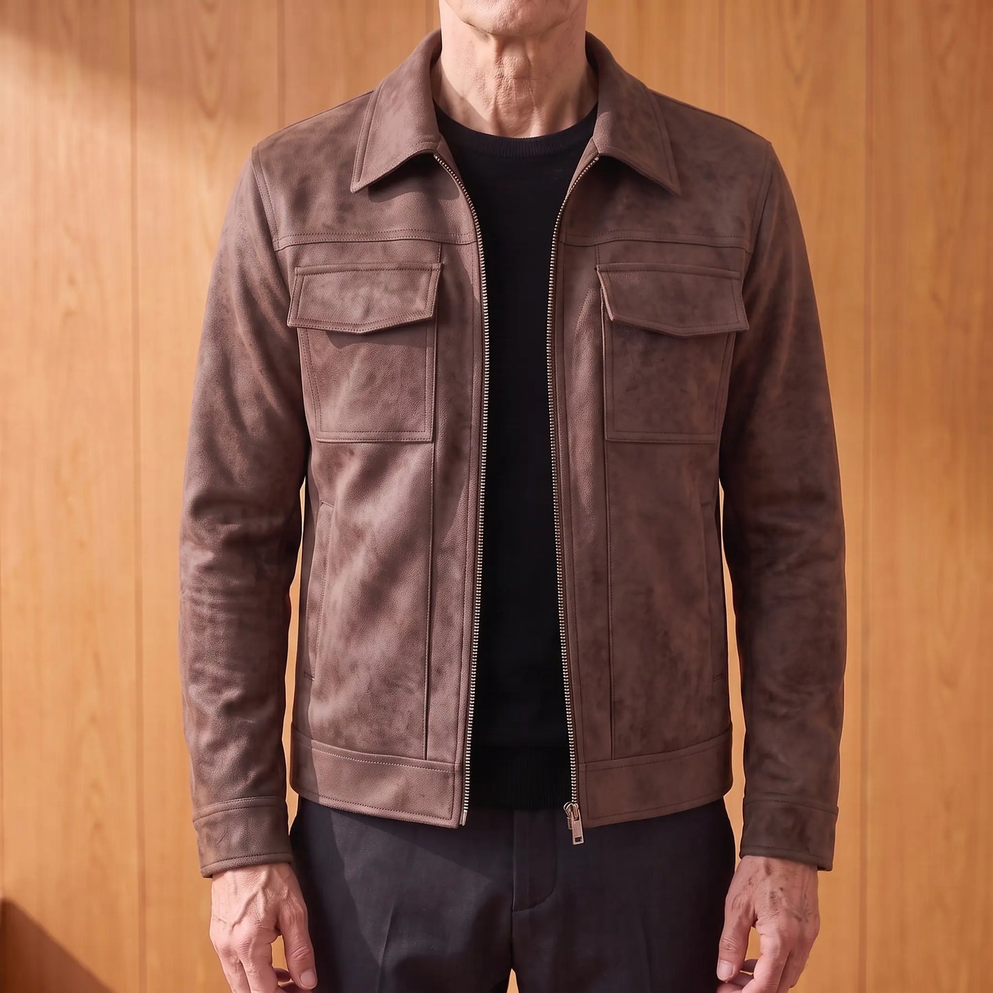 Frosted suede jacket in brown worn open over a black tee by an older man