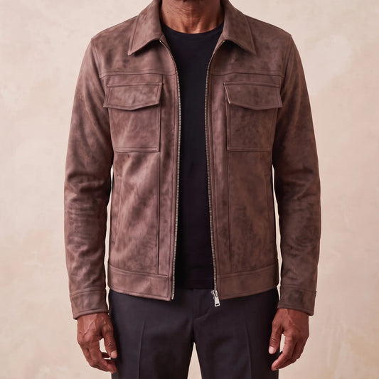 Frosted suede jacket in brown worn open over a black tee by an older man