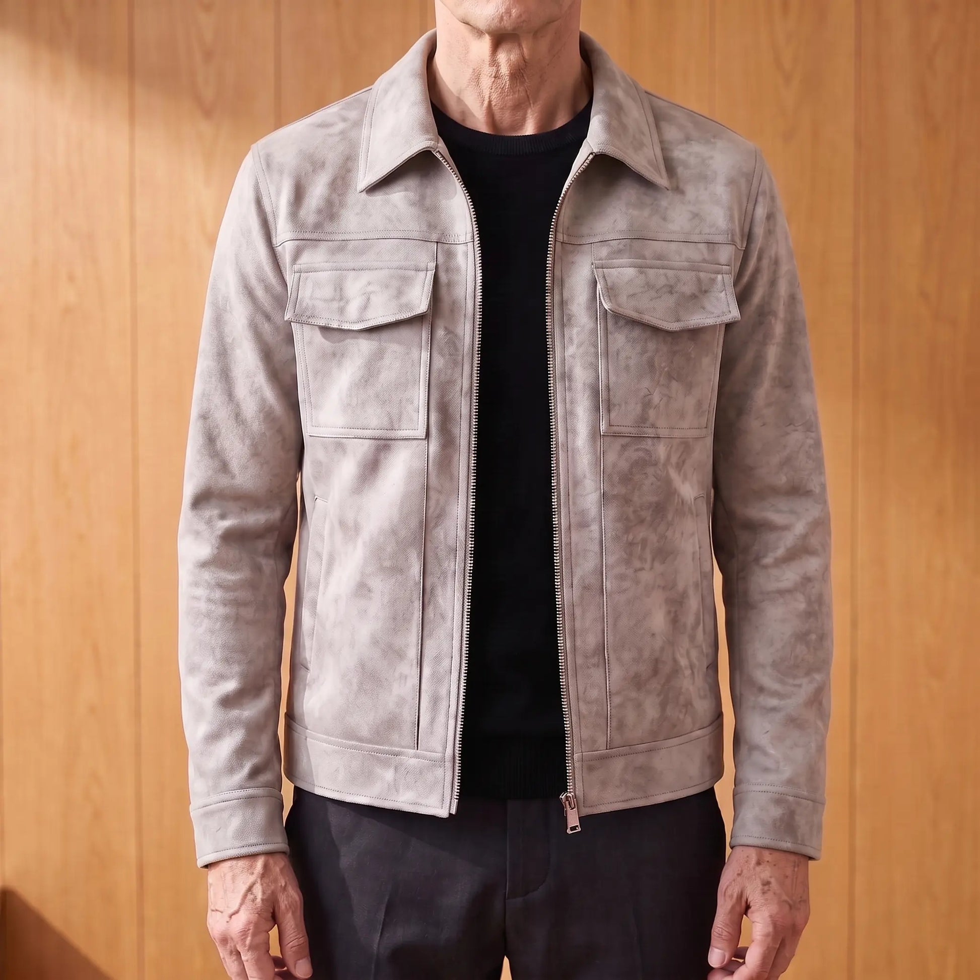 Frosted suede jacket in grey worn open over a black tee by an older man