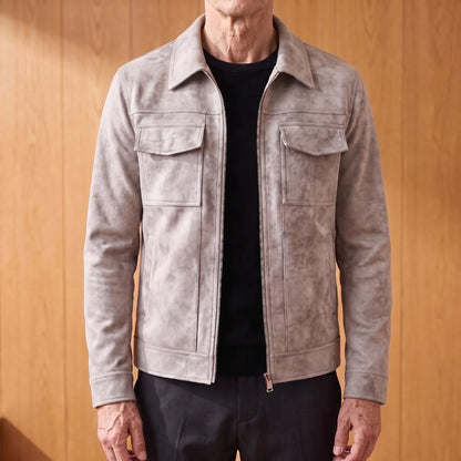 Frosted suede jacket in grey worn open over a black tee by an older man