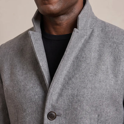 Close up of the tall stand collar and top button on the wool overcoat