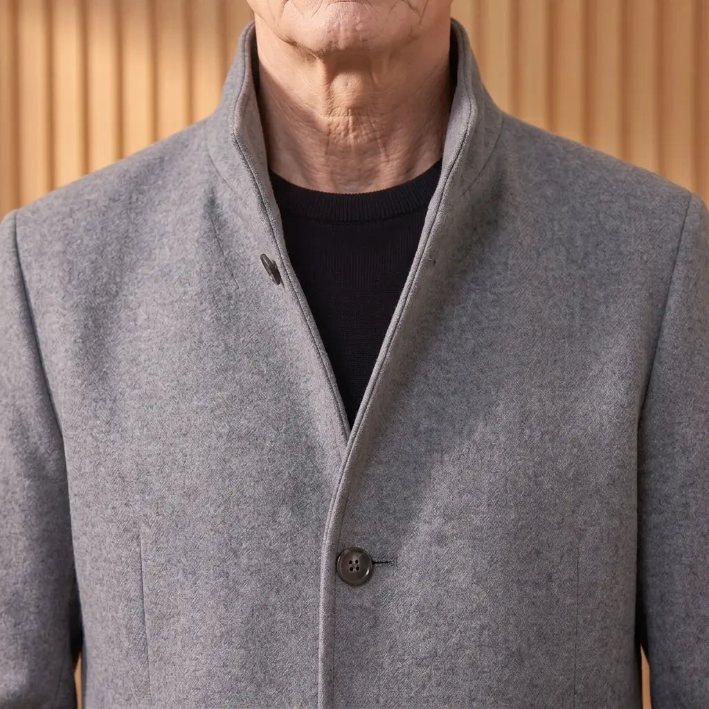 Close up of the tall stand collar and top button on the wool overcoat