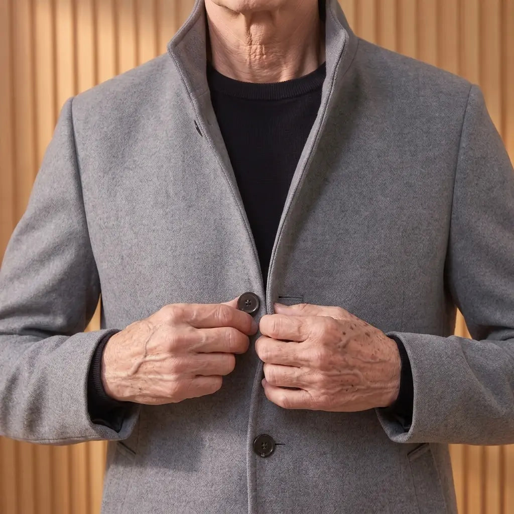 Older man doing up the middle button of the grey wool overcoat