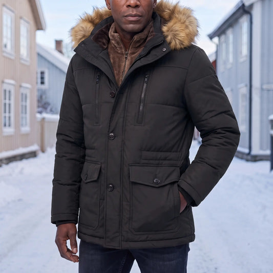 Man wearing a black fur hood parka for men with fleece lining on a snowy street