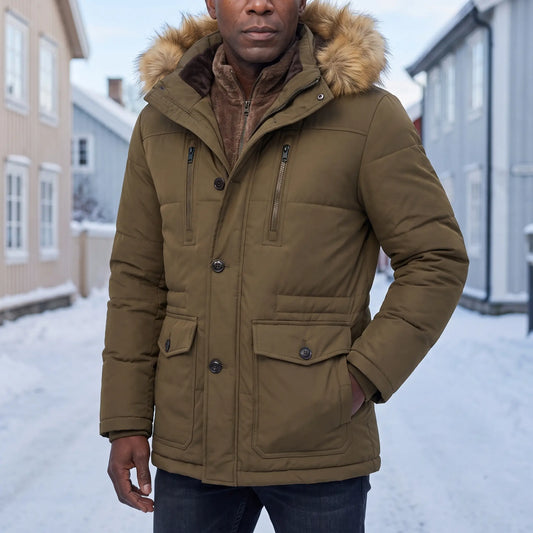 Man wearing an olive fur hood parka for men with fleece lining on a snowy street