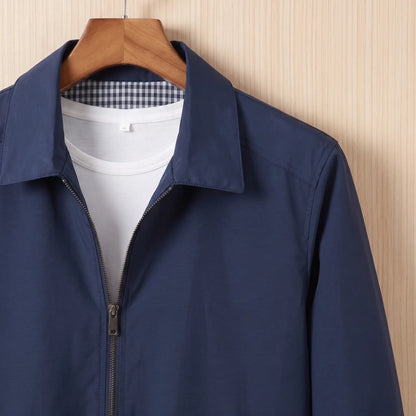 Gingham Lined Jacket in Navy Blue, collar and gingham lining detail