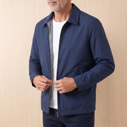 Gingham Lined Jacket in Navy Blue, worn open over a white tee