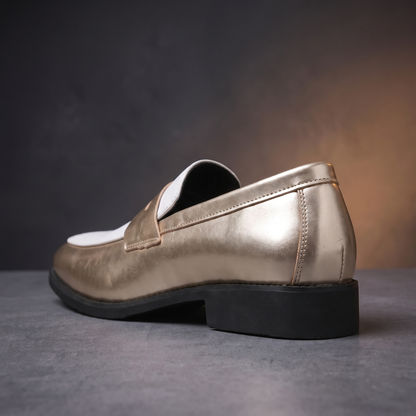 Glossy Shimmer Moccasins detail - rear three-quarter heel view