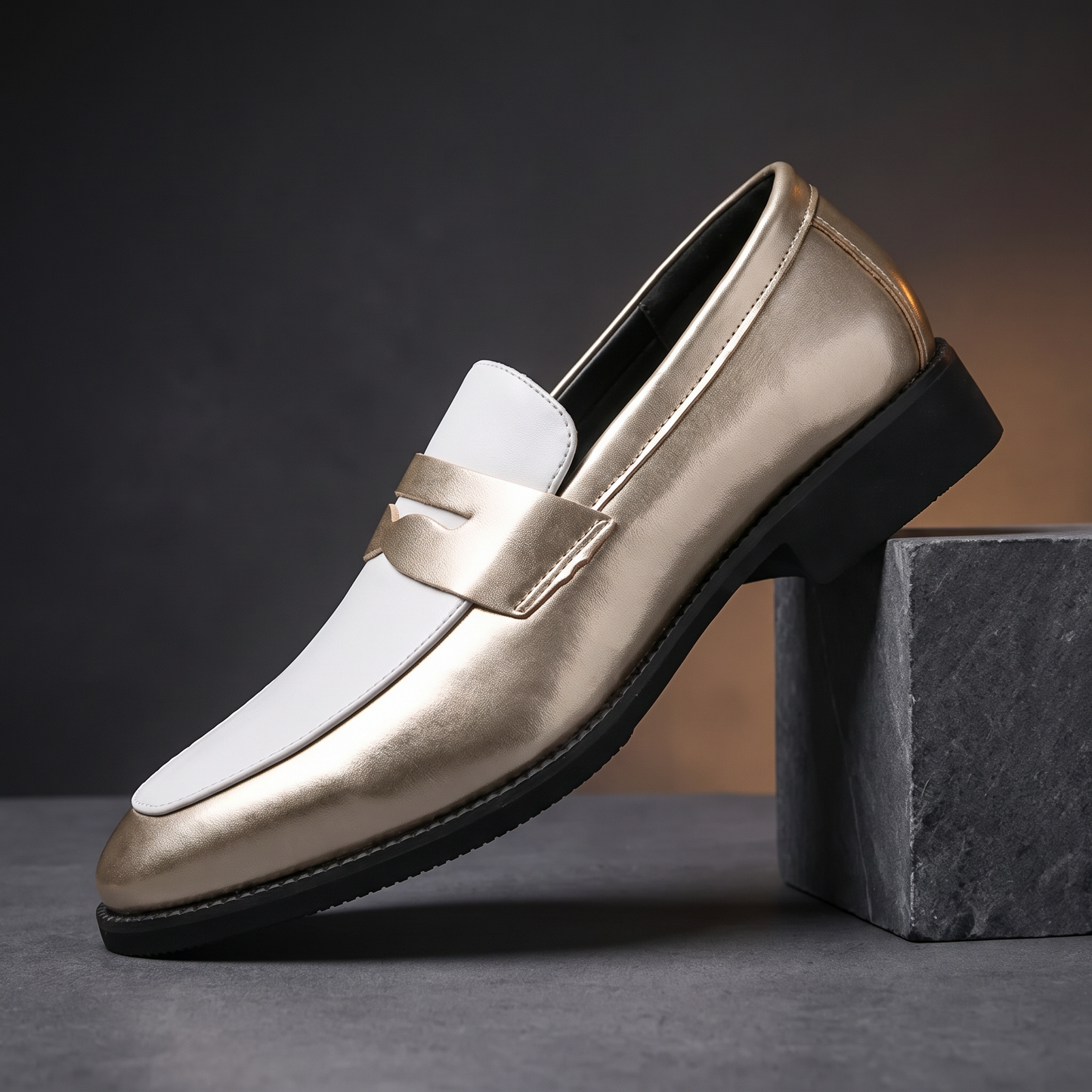 Glossy Shimmer Moccasins in gold - single metallic slip-on moccasin on a dark stone set