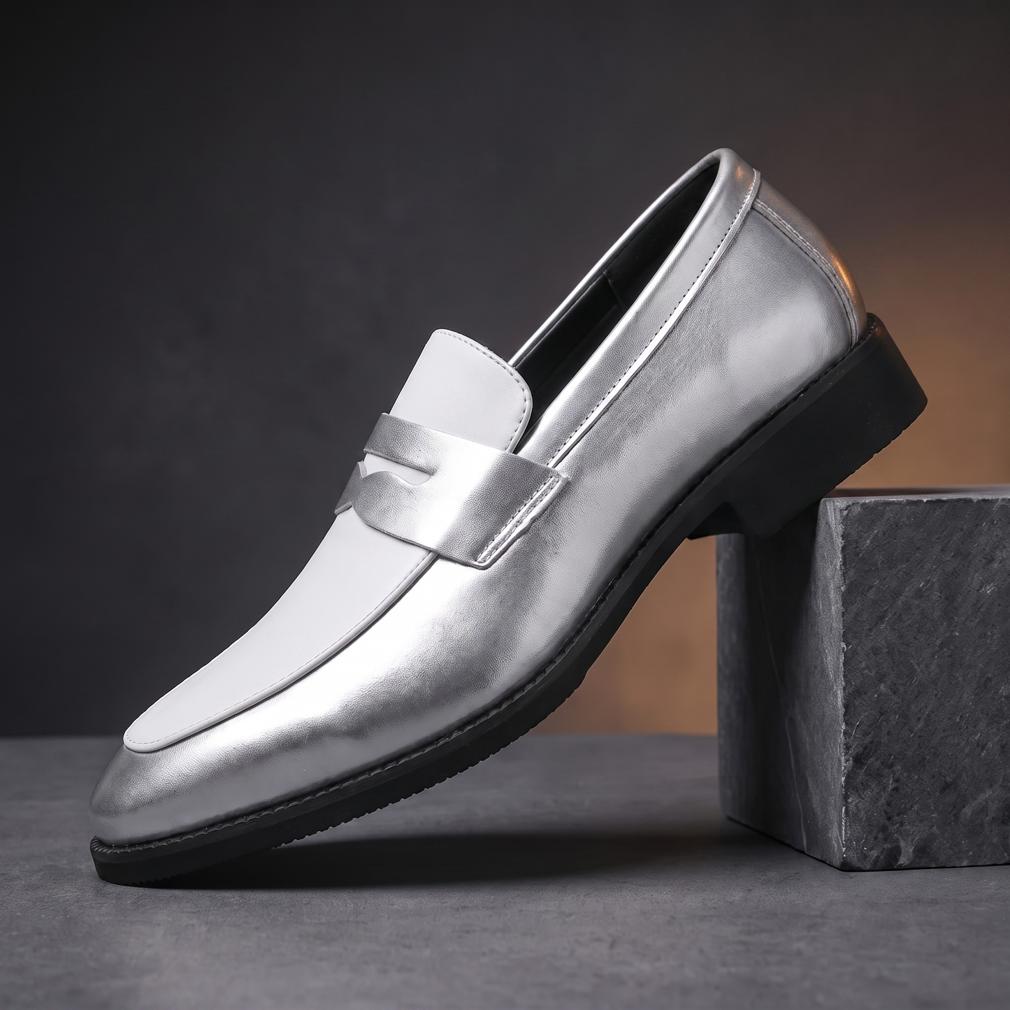 Glossy Shimmer Moccasins in silver - single metallic slip-on moccasin