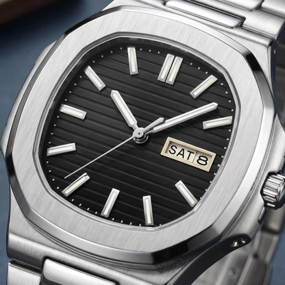 GLOW MARKER WATCH dial close-up - black ribbed dial, glowing baton markers and day-date window