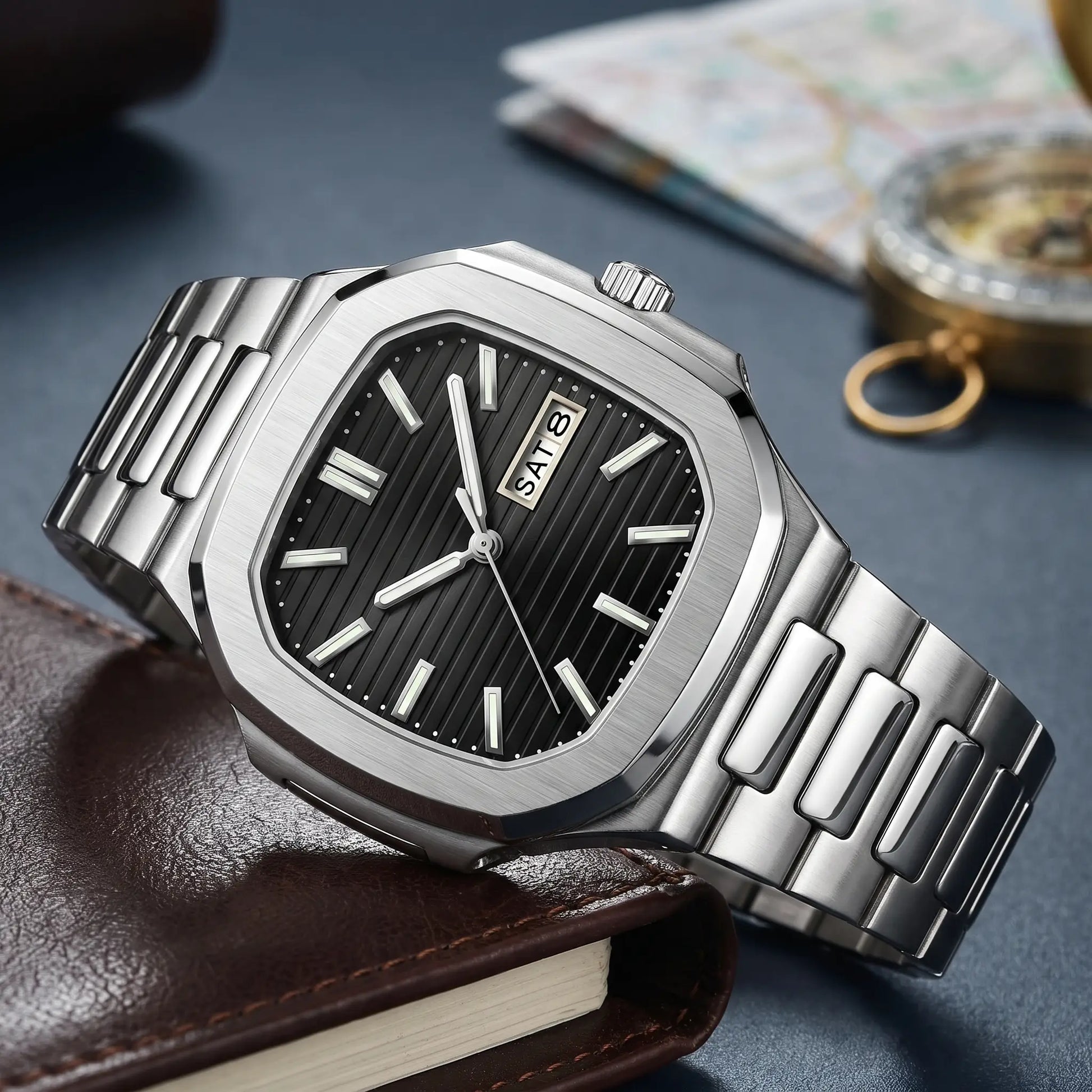 GLOW MARKER WATCH in Silver Black - square steel watch with black ribbed dial and day-date window