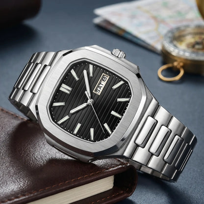GLOW MARKER WATCH in Silver Black - square steel watch with black ribbed dial and day-date window