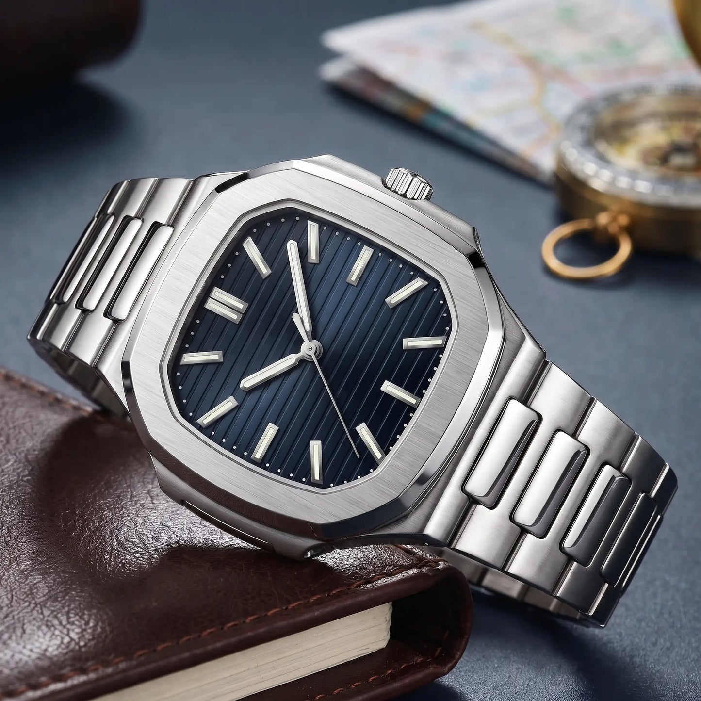 GLOW MARKER WATCH in Silver Blue - square steel watch with navy blue ribbed dial and day-date window